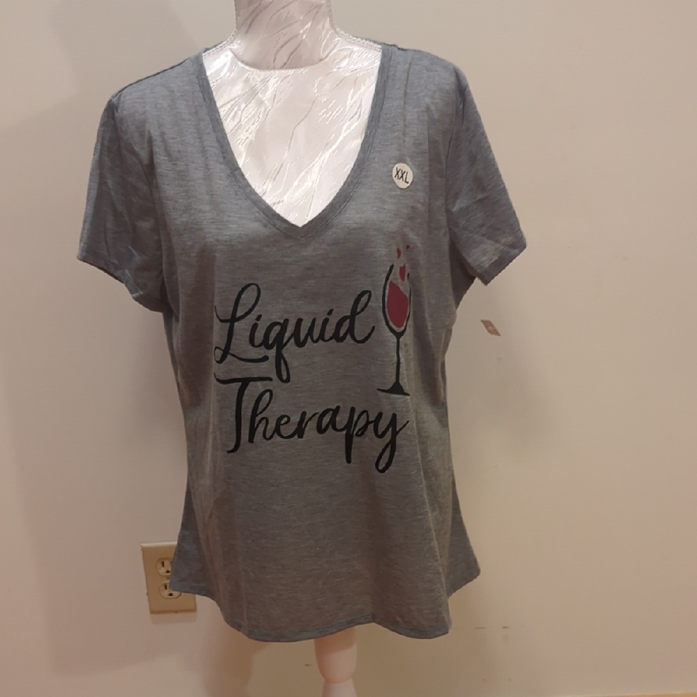 Gray V-Neck Graphic Tee with 'Liquid Therapy' Design
